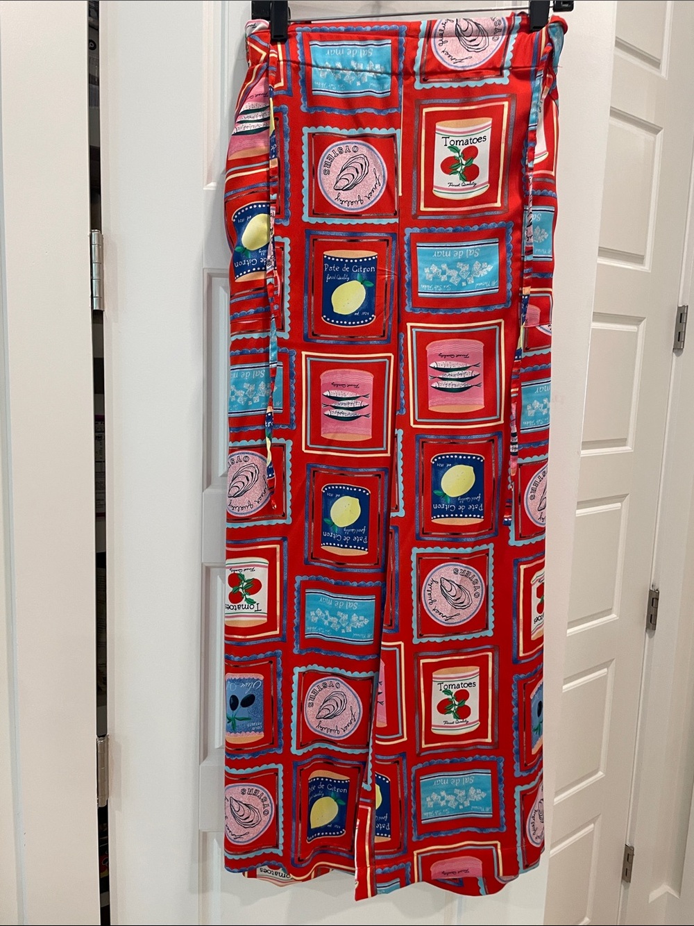 Red Patterned wide leg satin pants with Multicolor Print